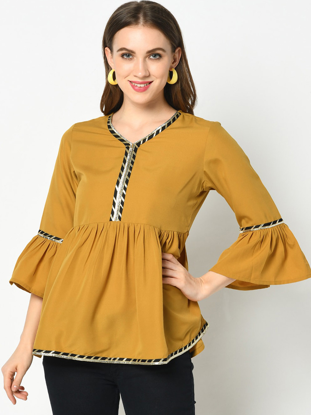 Azira Mustard Bell Sleeves A-Line Top