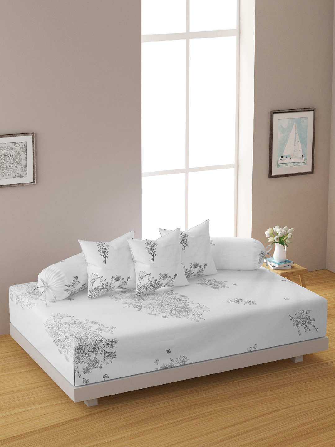 Swayam White & Grey Ethnic Motif 6-Piece Cotton Zinnia Diwan Set - 250TC