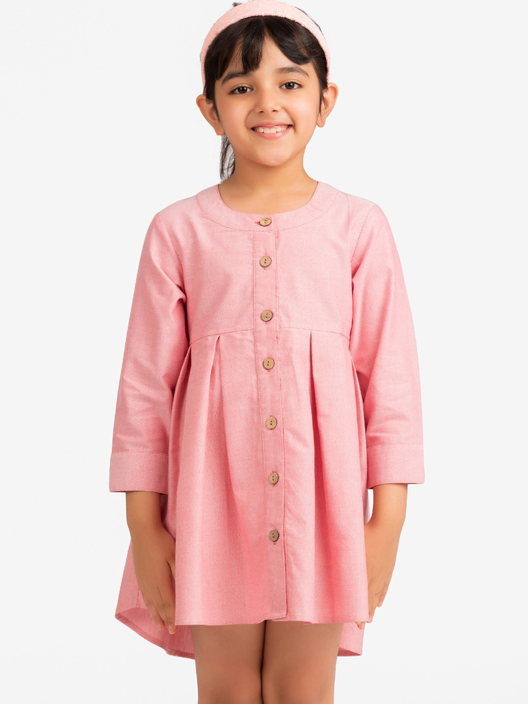 KIDKLO Girls Coral Solid Box Pleat A-Line Dress