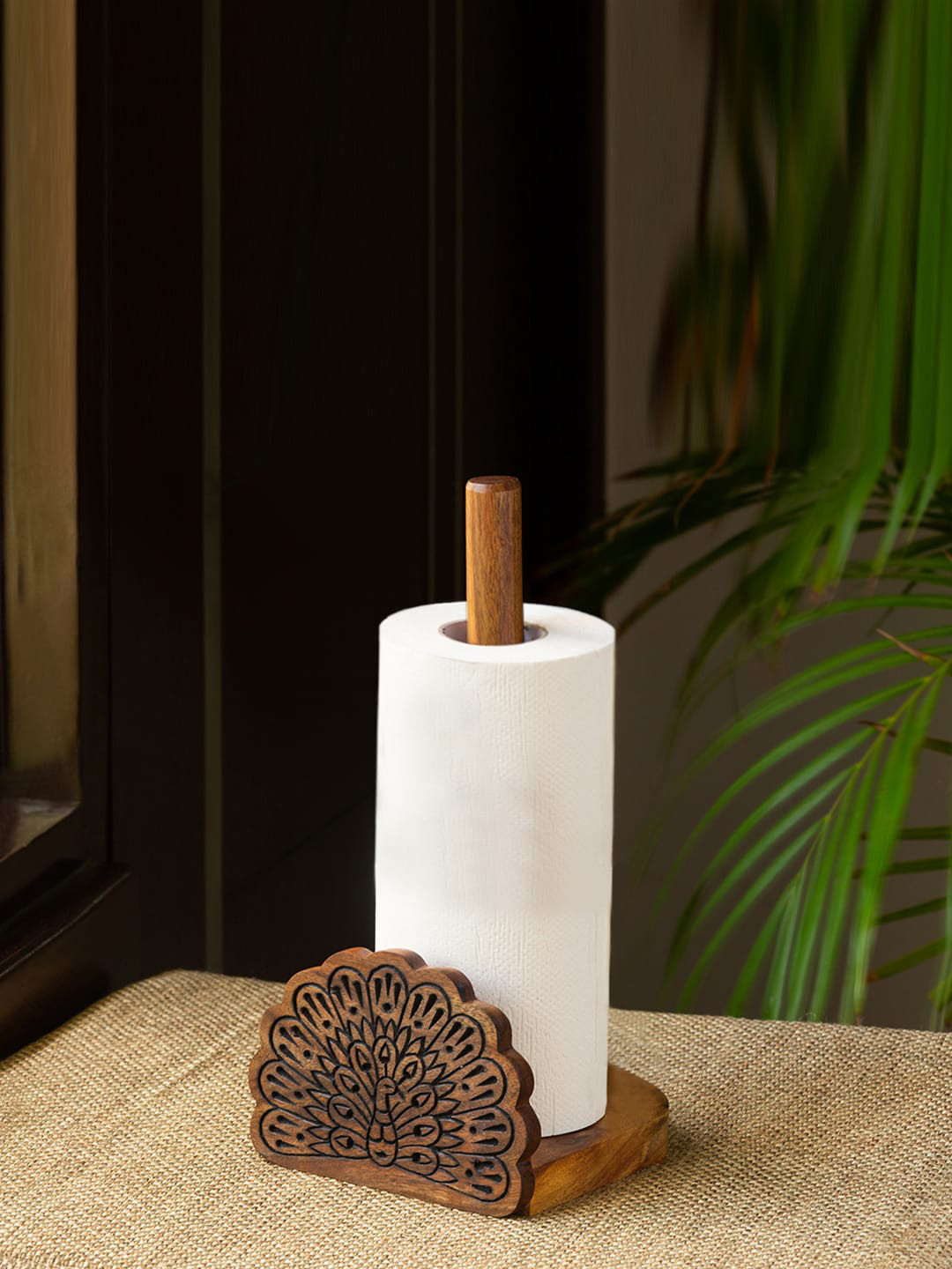 ExclusiveLane Brown Sheesham Wood Hand Carved Kitchen Tissue Roll Holder