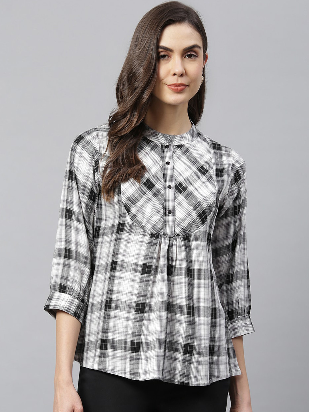 HK colours of fashion Black & White Checked Mandarin Collar Shirt Style Top