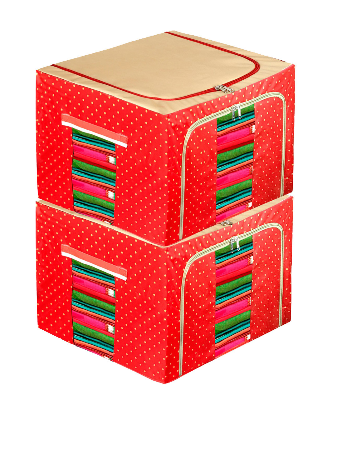 Kuber Industries Set Of 2 Red & Beige Printed Storage Box Organisers With Zip