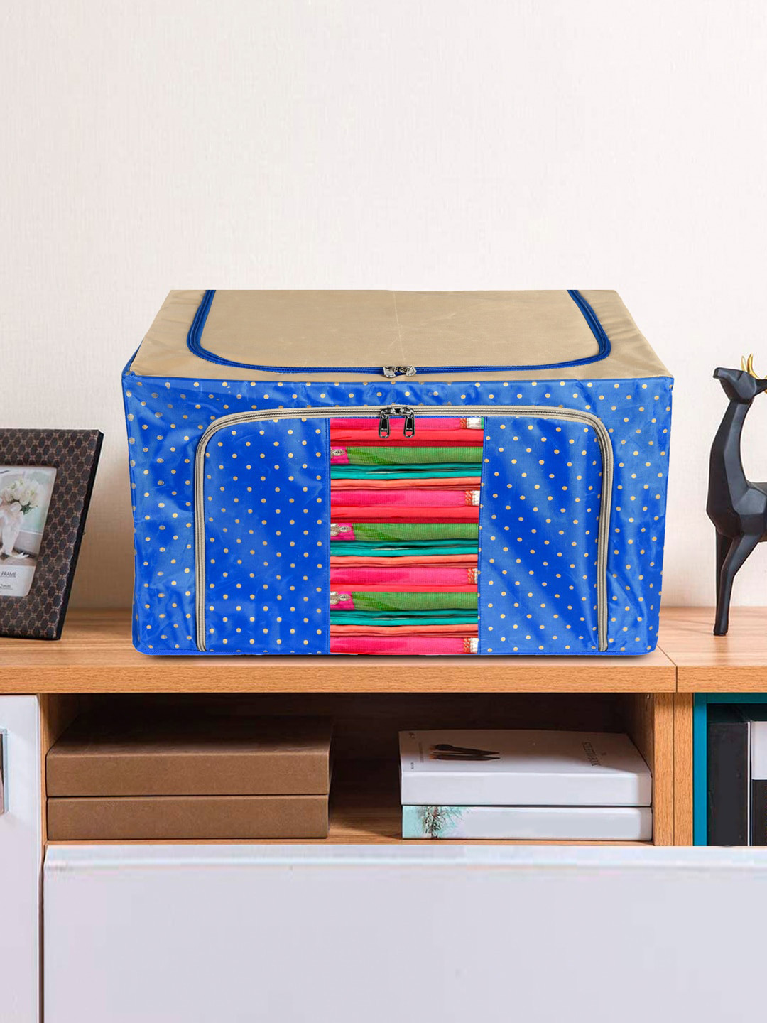 Kuber Industries Blue & Beige Printed Saree Organiser