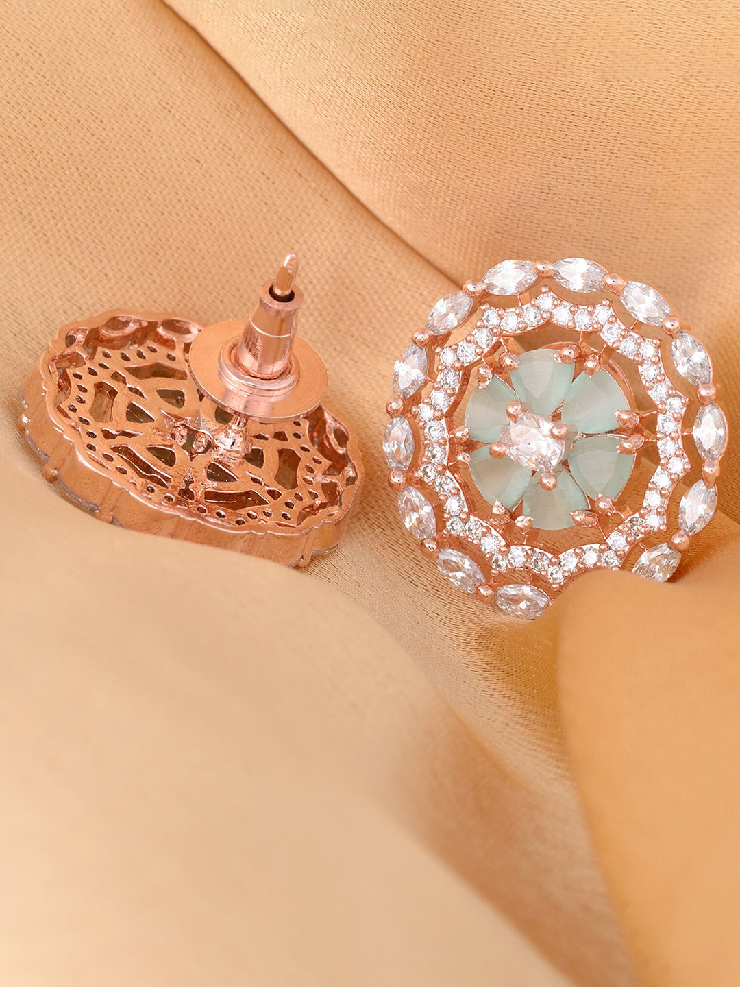 Saraf RS Jewellery Sea Green & White Rose-Gold-Plated AD Circular Studs