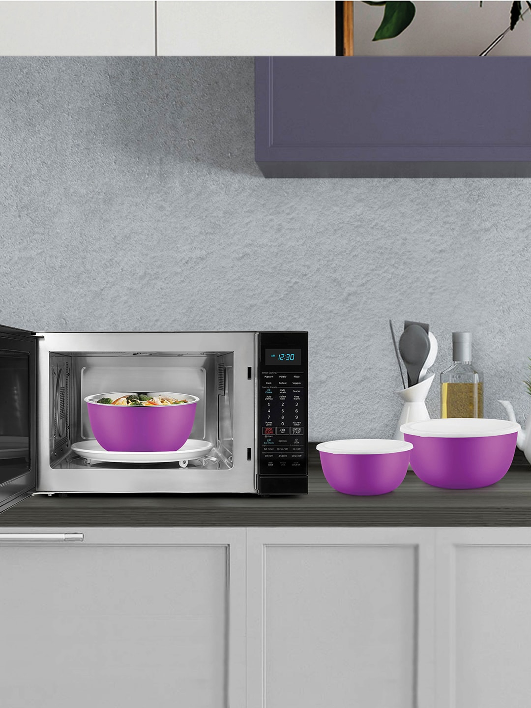 Jensons Set of 3 Purple Flora Stainless Steel Microwave Safe Bowl Set