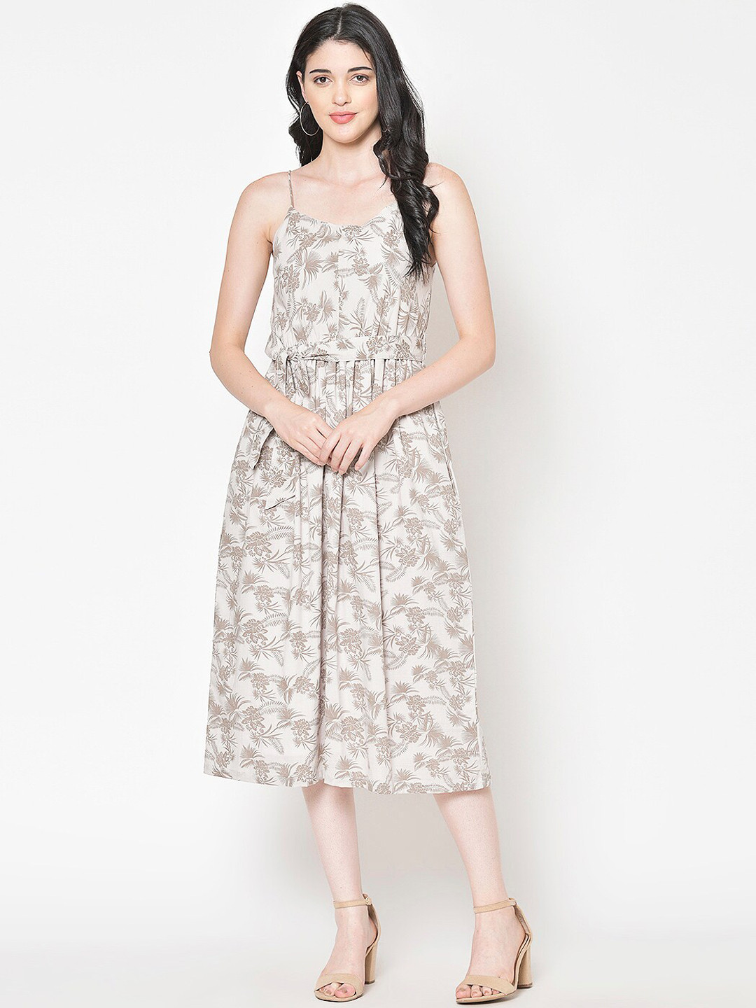 Cation Women Off-White & Beige Floral Print Cotton A-Line Dress with Belt