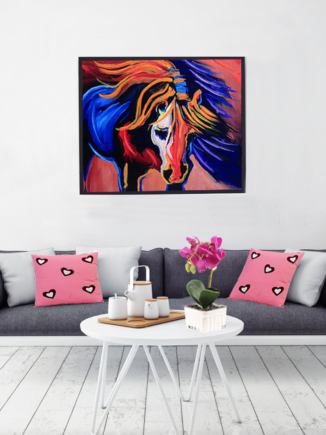 Aapno Rajasthan Orange & Blue Deep Shades Horse Canvas Painting Wall Art