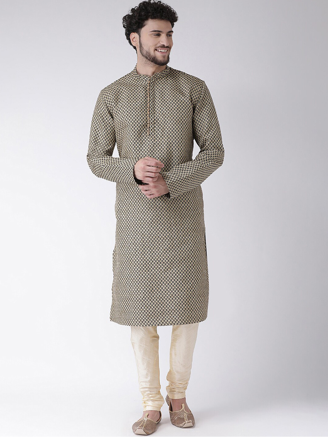 TABARD Men Black & Beige Jacquard Self Design Kurta with Churidar
