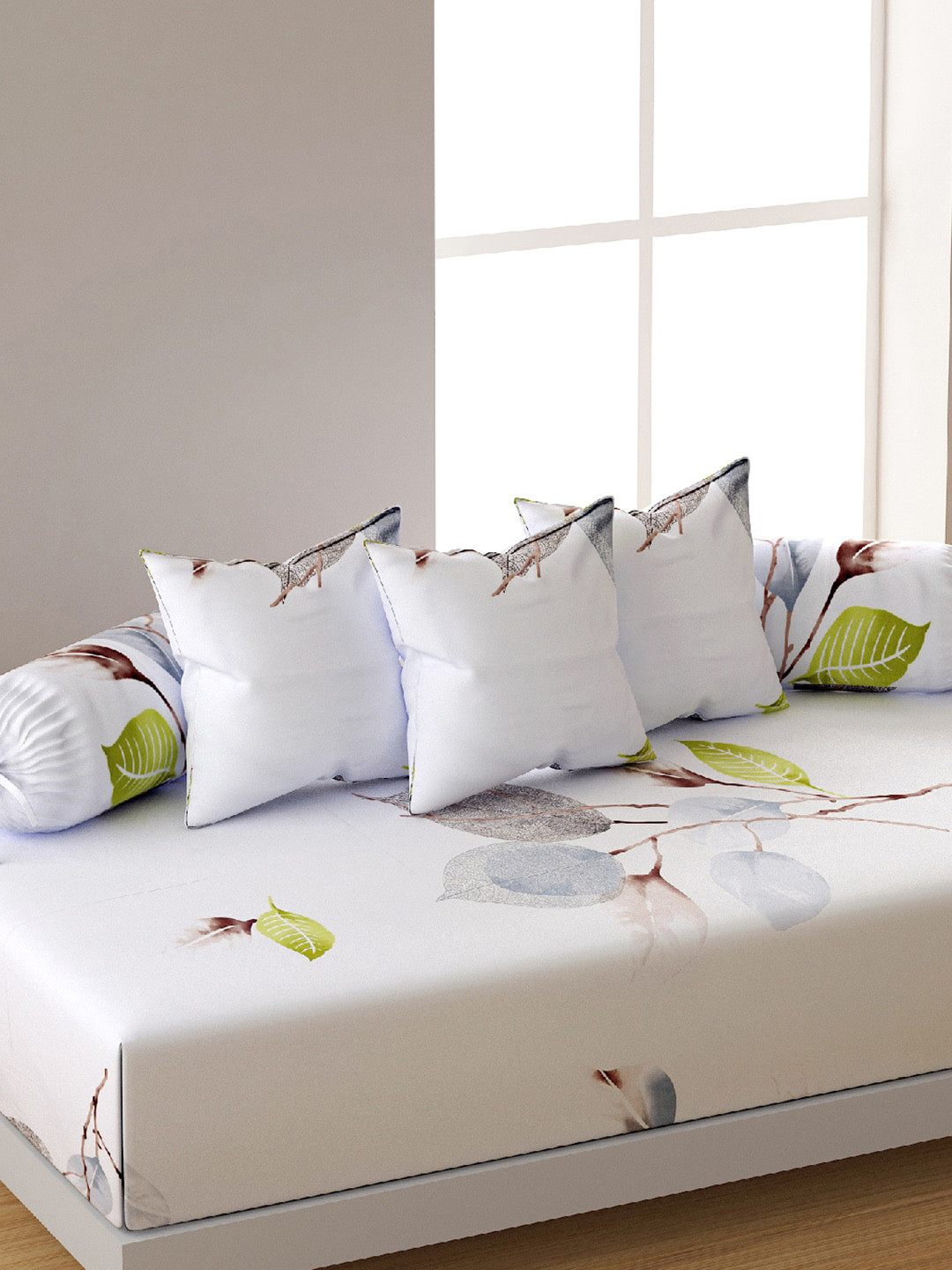 Swayam Zinnia Set Of 6 Off-White & Brown Floral 250TC Cotton Diwan Set