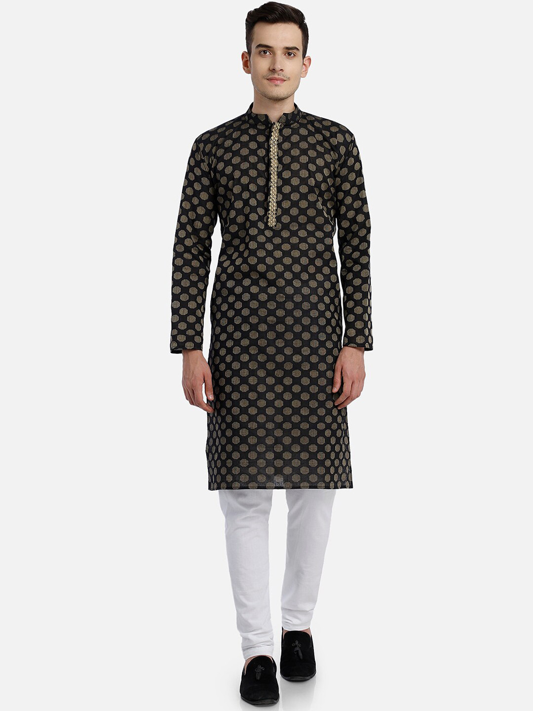 PAROKSH Men Black & Beige Woven Design Cotton Thread Work Handloom Kurta