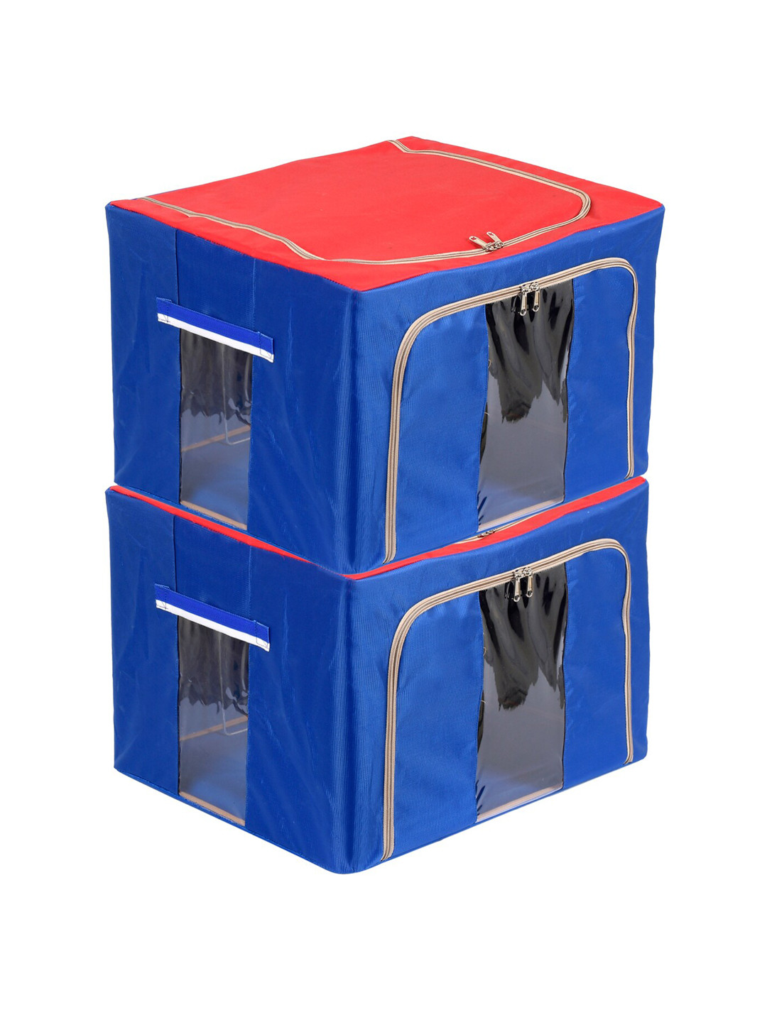Kuber Industries Pack of 2 Blue & Red Solid Living Box-Wardrobe Organizer Cloth Storage Bags with zipper