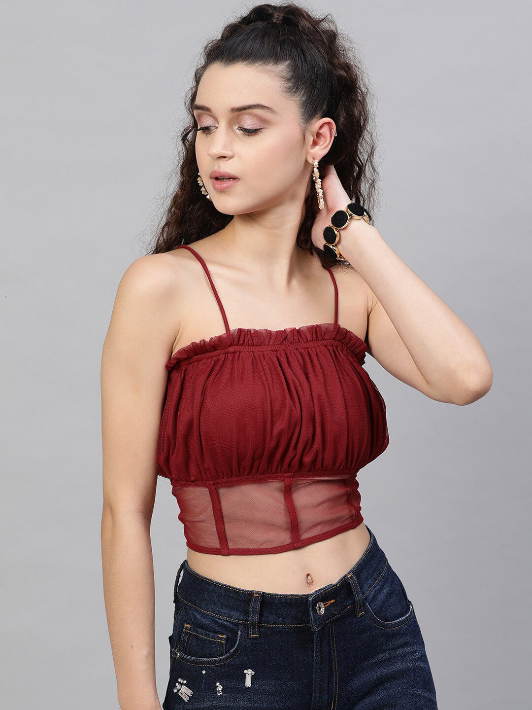STREET 9 Maroon Solid Smocked Bralette Crop Top