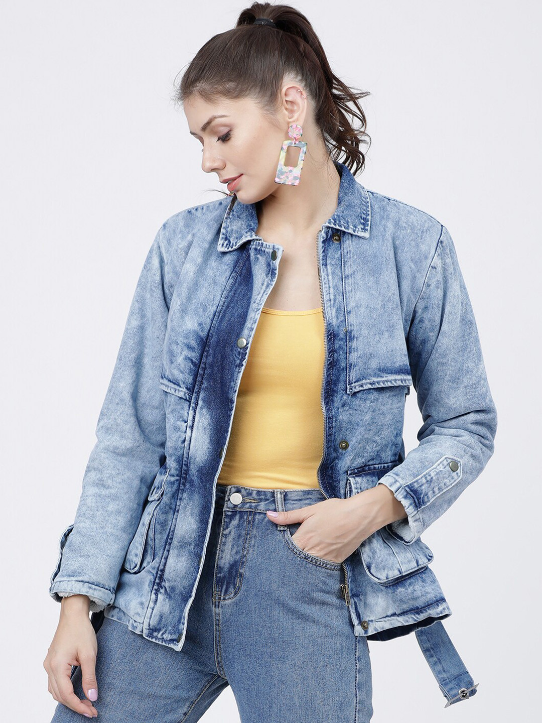 Tokyo Talkies Women Blue Solid Denim Jacket with Belt