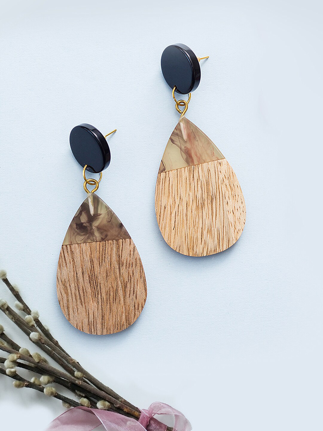 Golden Peacock Brown & Black Teardrop Shaped Drop Earrings