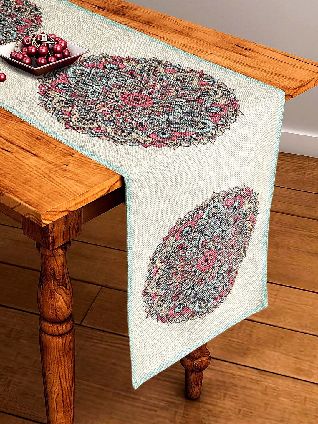 BELLA TRUE White & Pink Ethnic Motif Digital Printed Table Runner