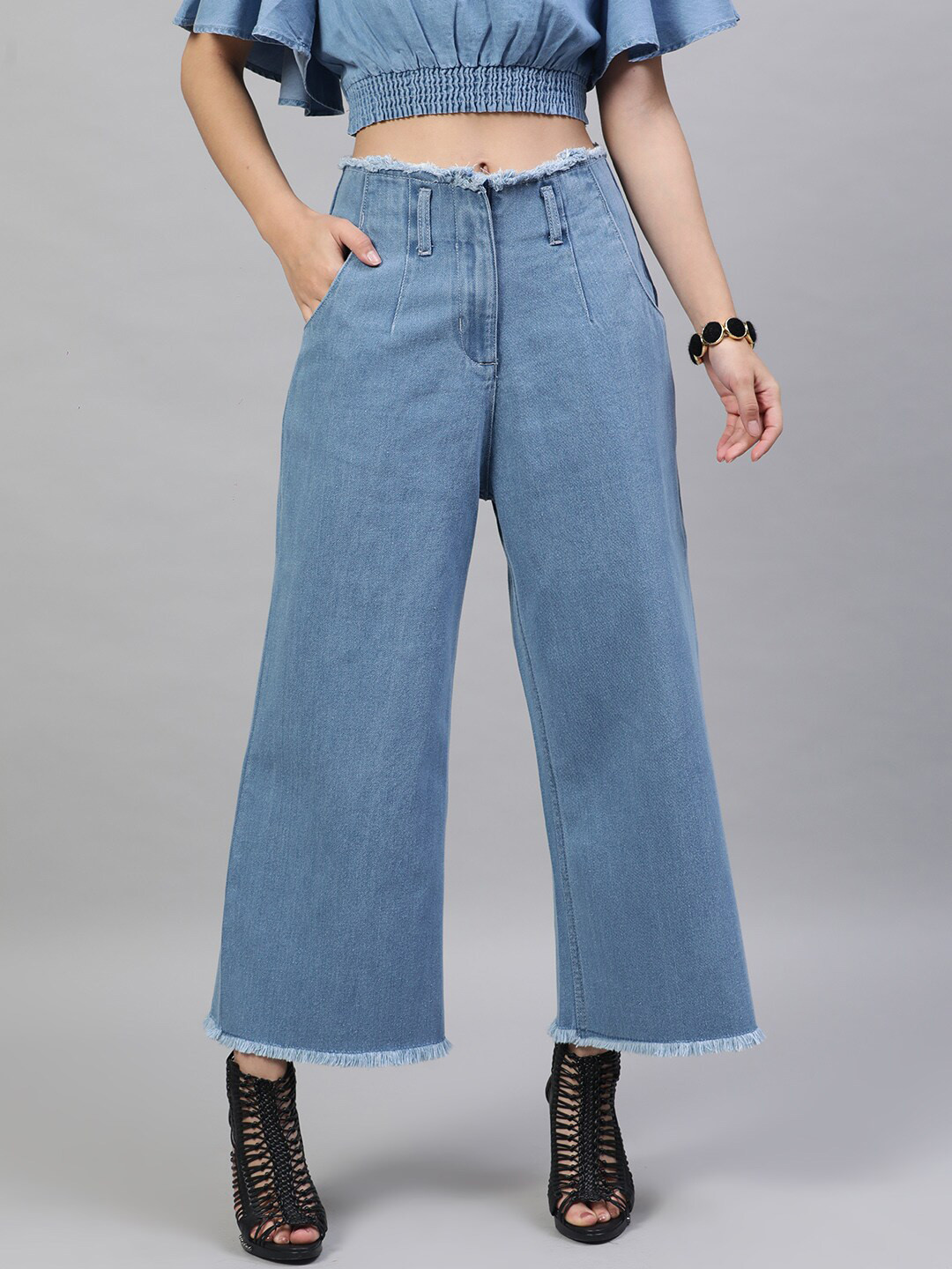 STREET 9 Women Blue Flared Solid Cotton Denim Parallel Trousers