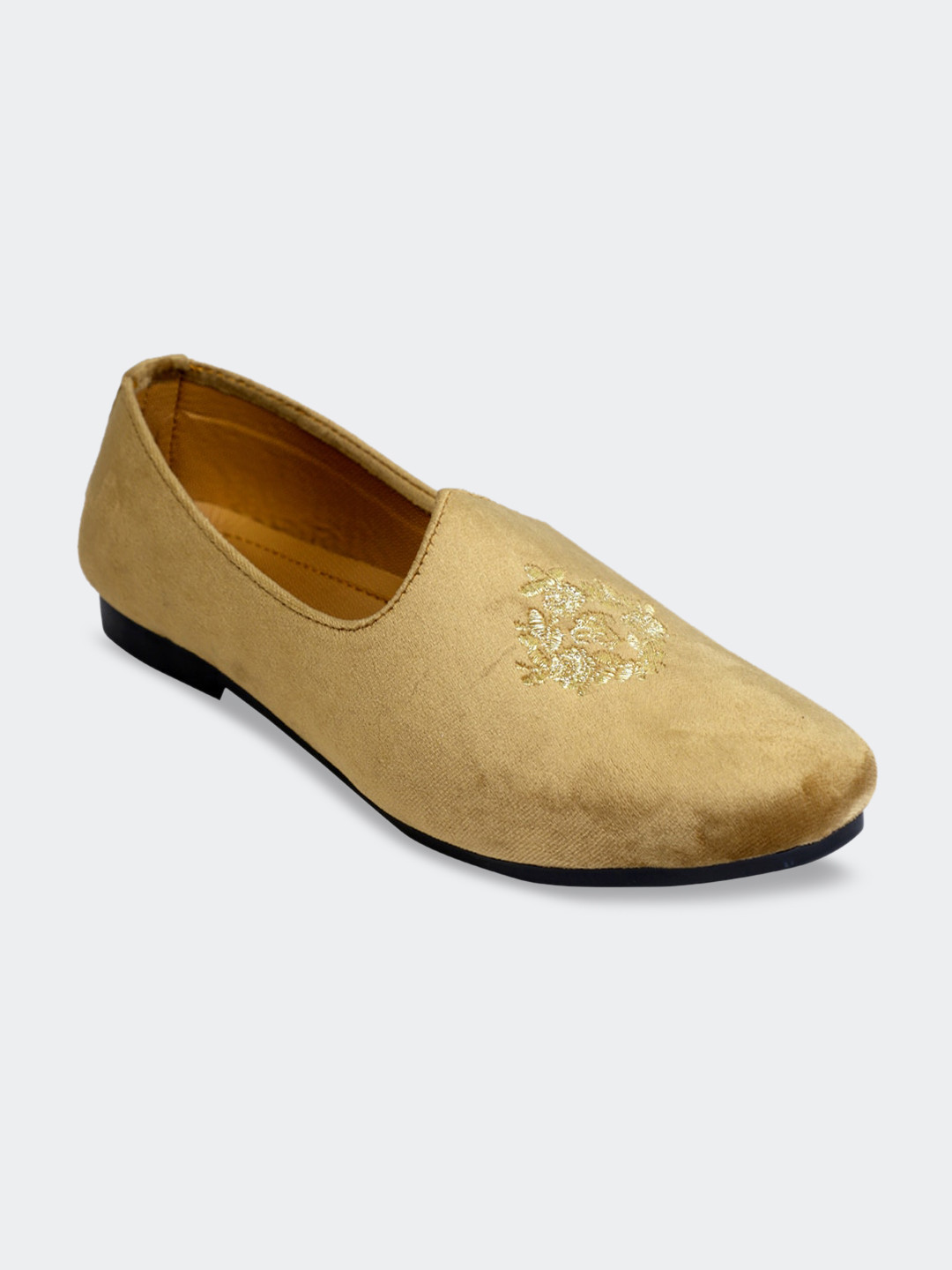 PANAHI Men Tan Solid Velvet Mojaris with Embroidered Detail