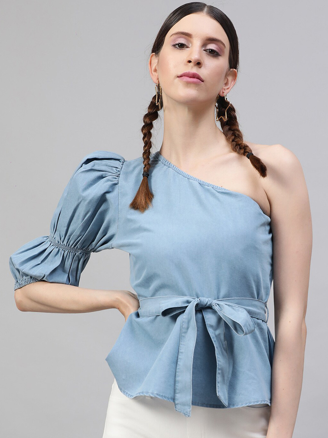 STREET 9 Blue Solid One Shoulder Indigo Pure Cotton Denim Regular Top With Belt