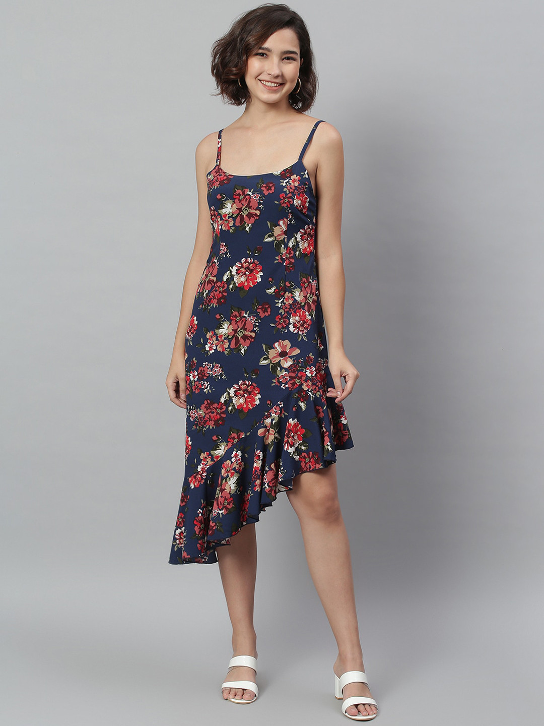 KASSUALLY Navy Blue Floral Crepe A-Line Midi Dress