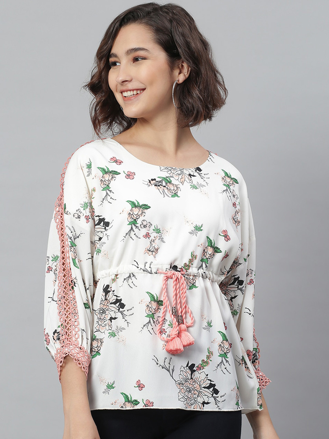 KASSUALLY Off White Floral Georgette Regular Top