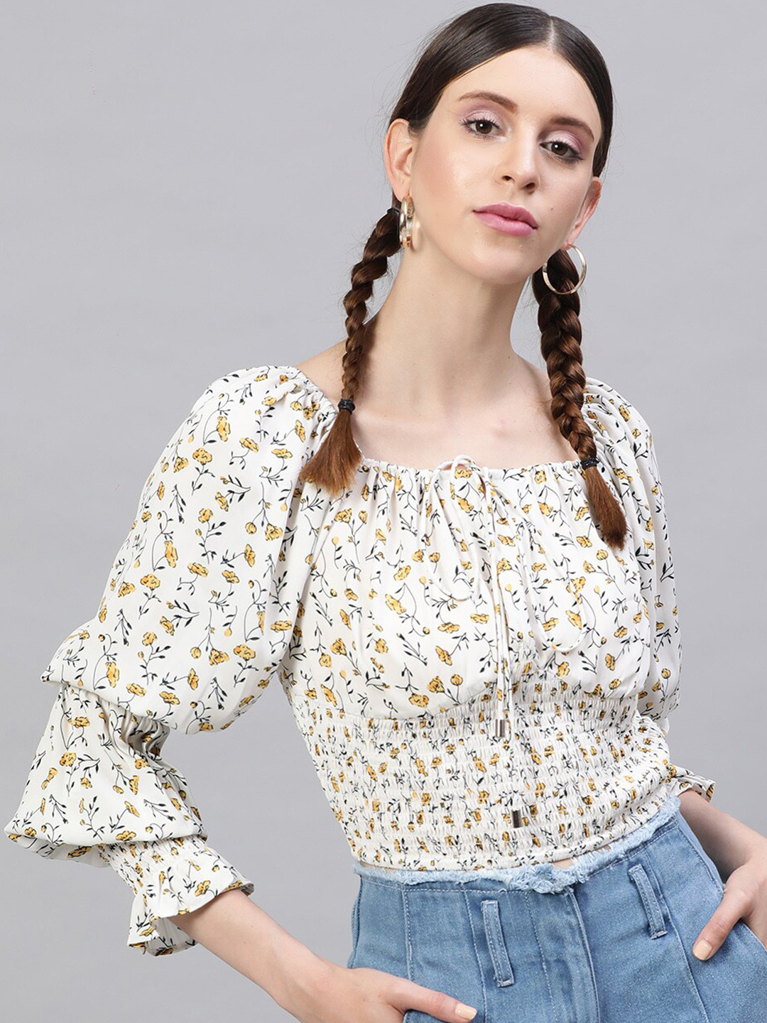 STREET 9 Off White & Yellow Floral Printed Tie-Up Neck Puff Sleeves Smocked Blouson Top