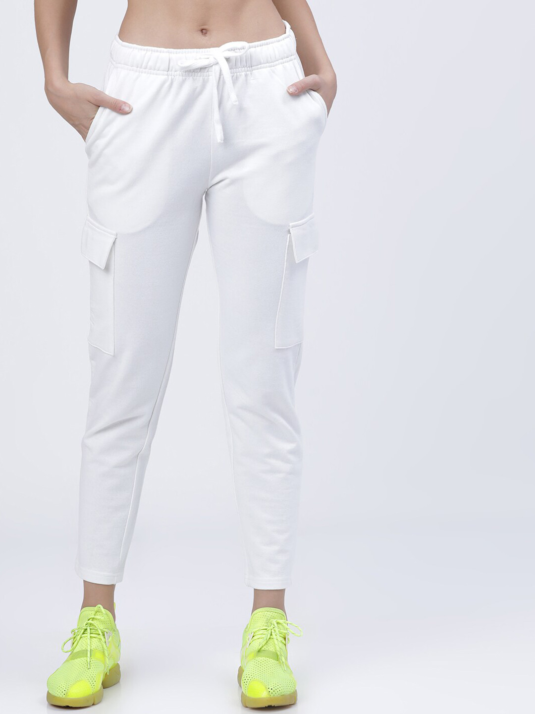Tokyo Talkies Women White Solid Slim-Fit Cargo Track Pants