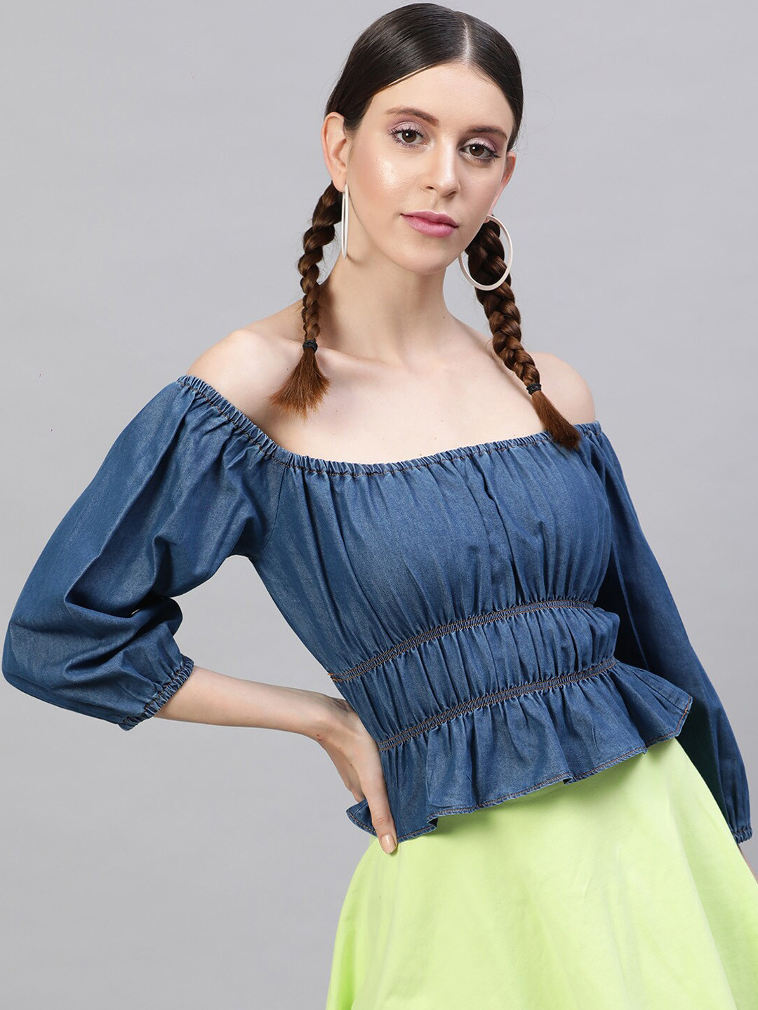 STREET 9 Navy Blue Solid Off-Shoulder Puff Sleeves Indigo Pure Cotton Denim Bardot Top