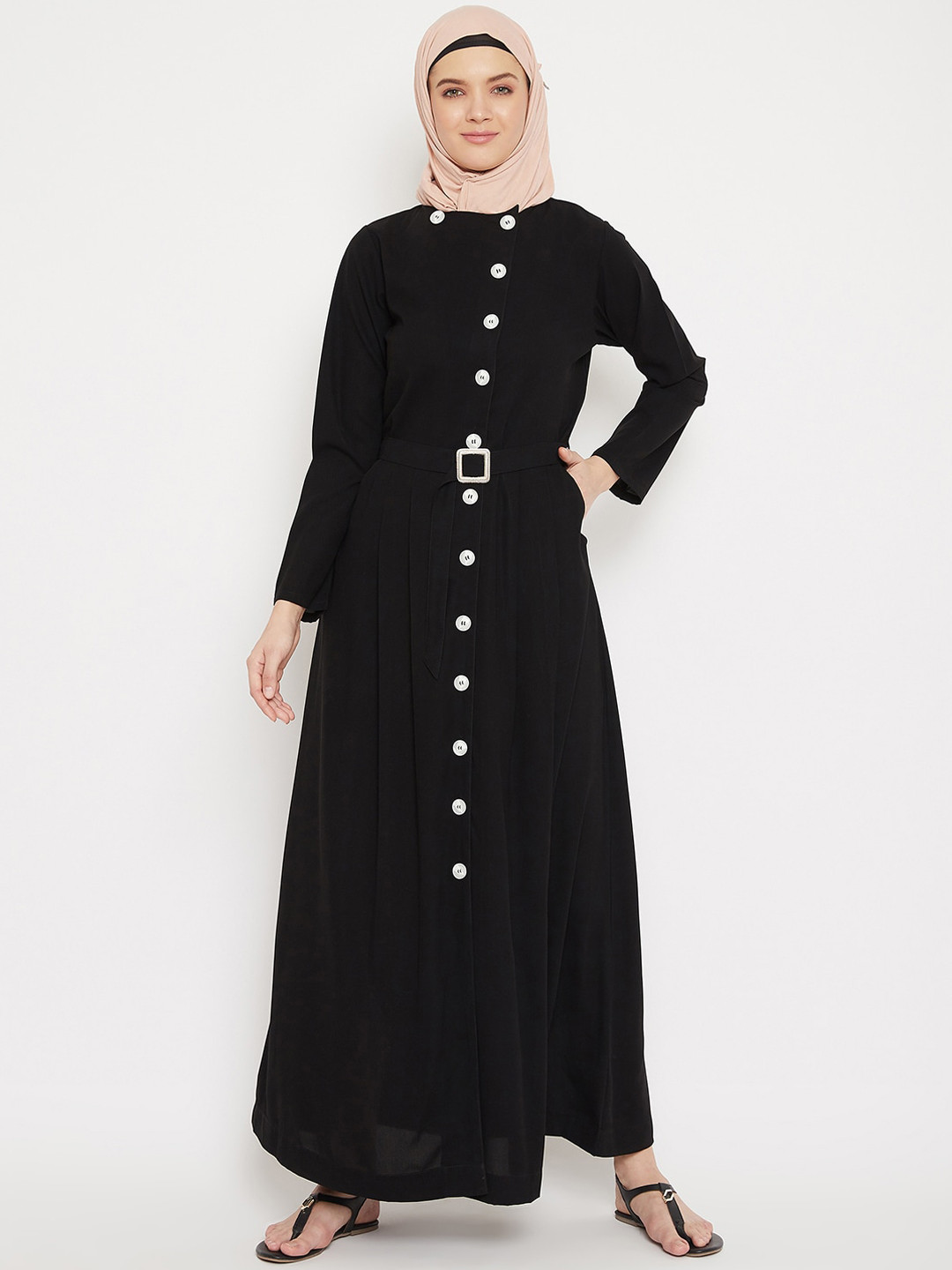 MOMIN LIBAS Women Black Solid Front Open Abaya with Belt