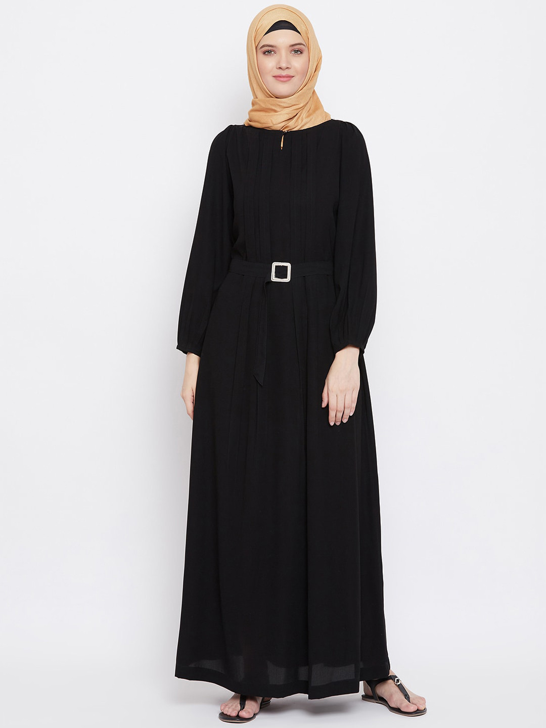 MOMIN LIBAS Women Black Solid Abaya with Belt
