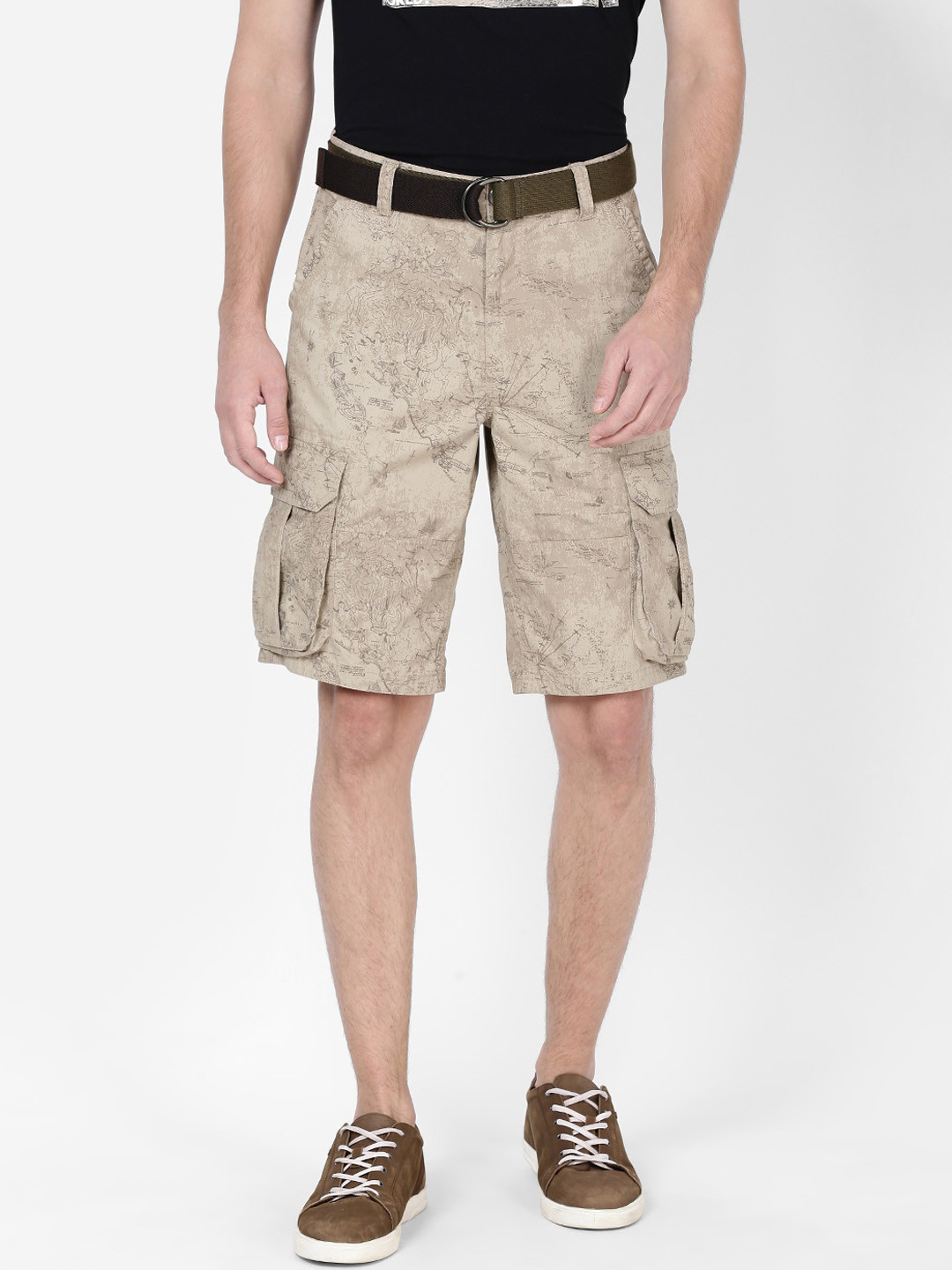 t-base Men Khaki Printed Regular Fit Cargo Shorts
