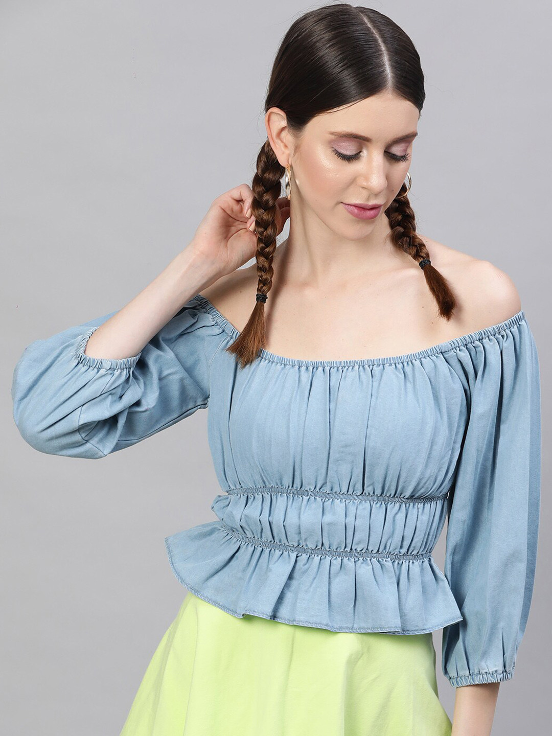 STREET 9 Blue Solid Off-Shoulder Puff Sleeves Indigo Pure Cotton Denim Bardot Top