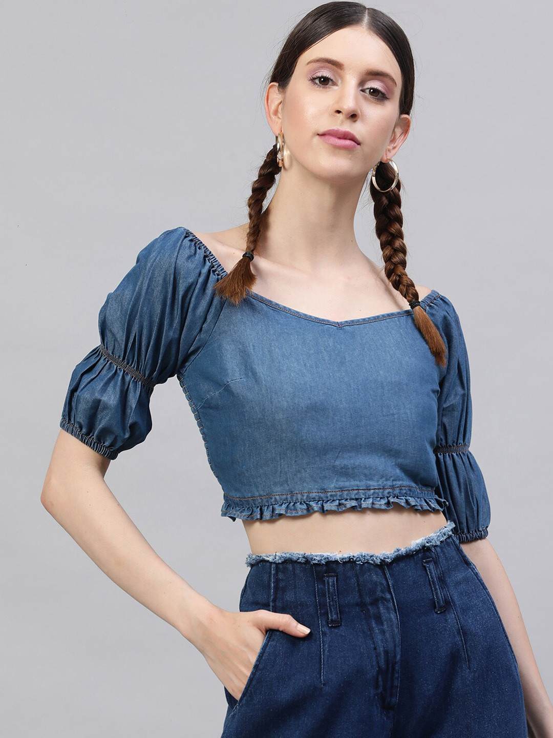 STREET 9 Navy Blue Solid Puff Sleeves Indigo Pure Cotton Denim Fitted Crop Top