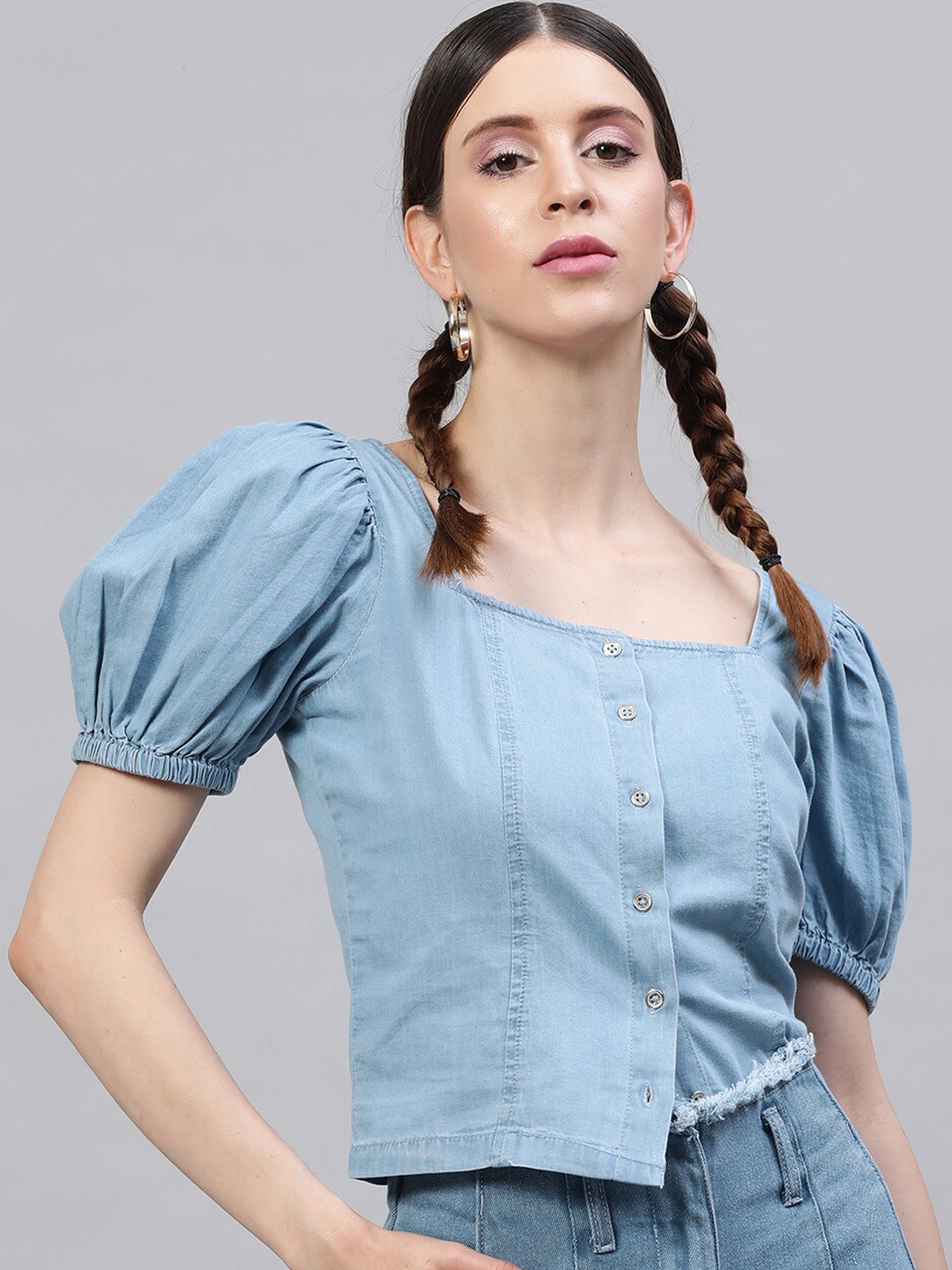 NINE9U sweat×denim balloon-sleeve Tops NINE9U sweat×denim balloon-sleeve Tops