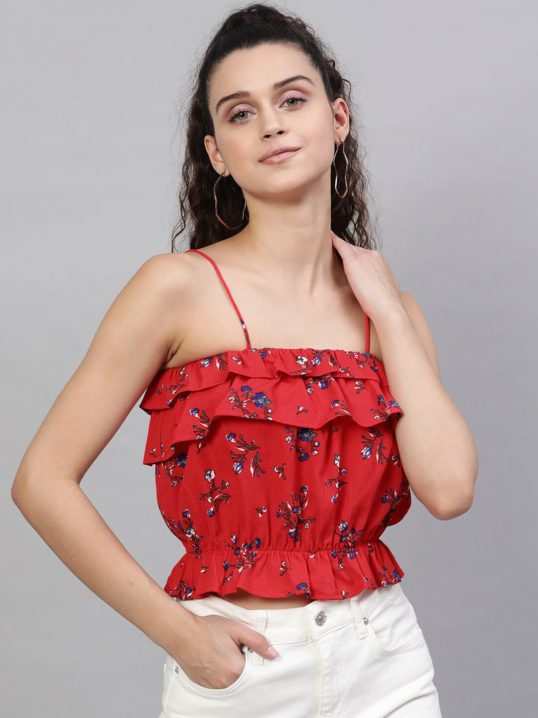 STREET 9 Red & Black Floral Printed Blouson Crop Top