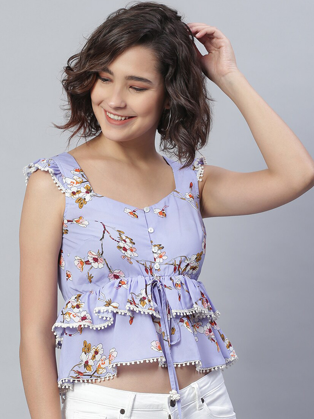 KASSUALLY Blue Floral Crepe Cinched Waist Crop Top