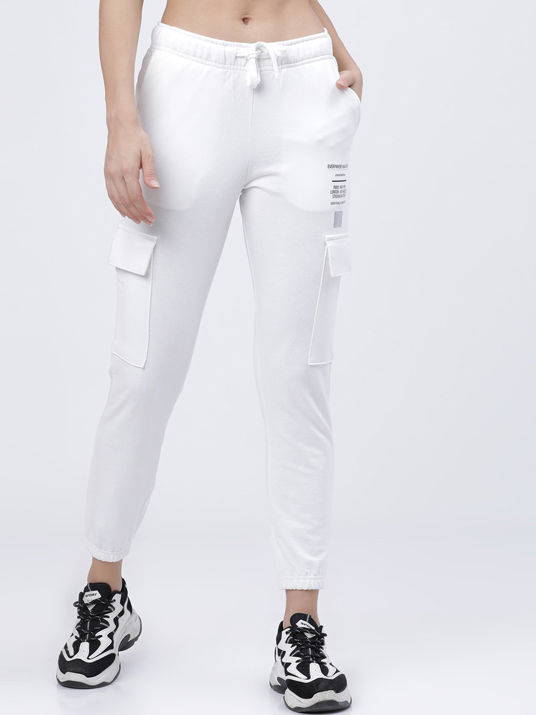 Tokyo Talkies Women White Solid Slim-Fit Cropped Cargo Joggers