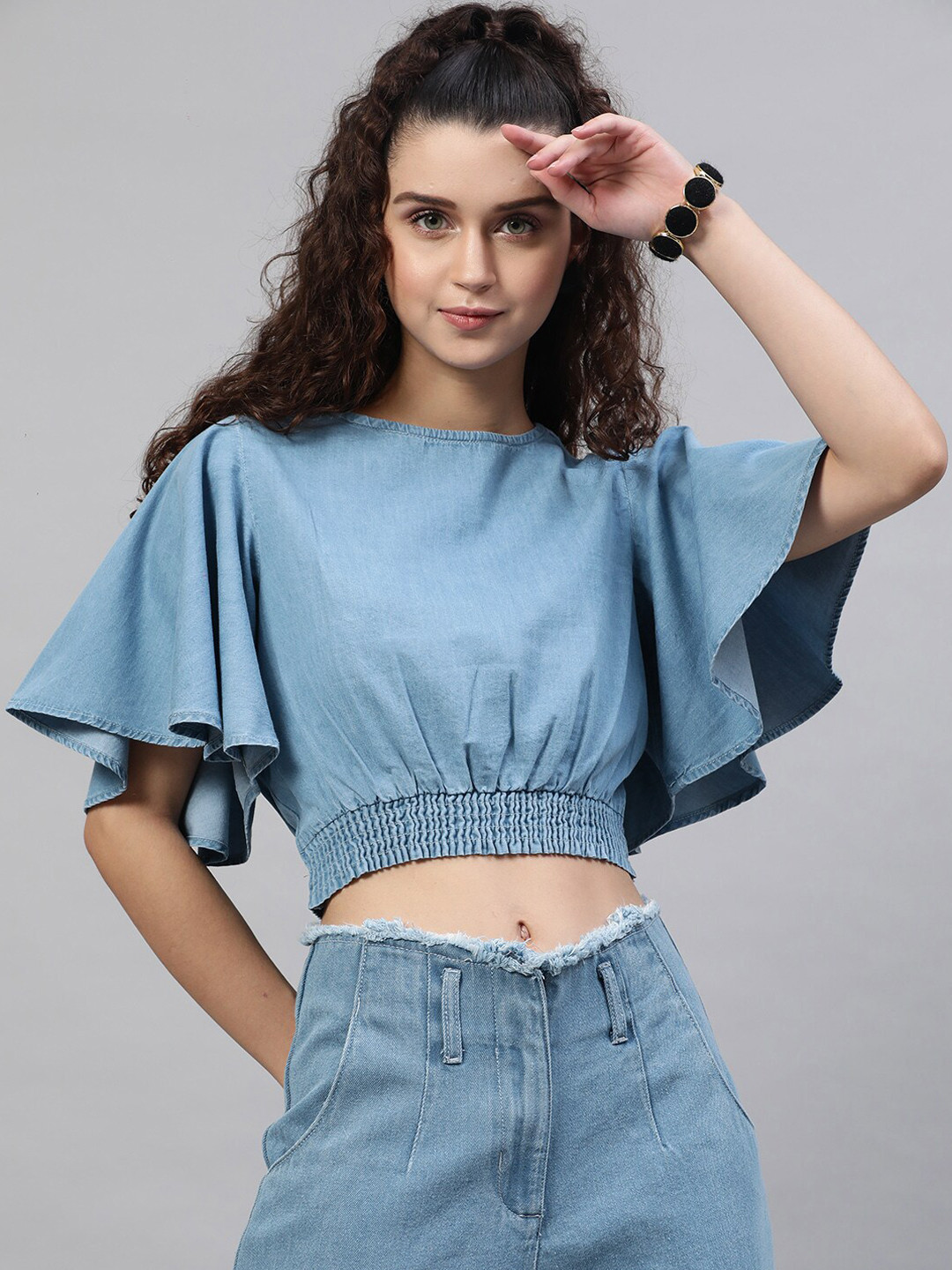 STREET 9 Blue Solid Flared Sleeves Indigo Pure Cotton Denim Styled Back Crop Top