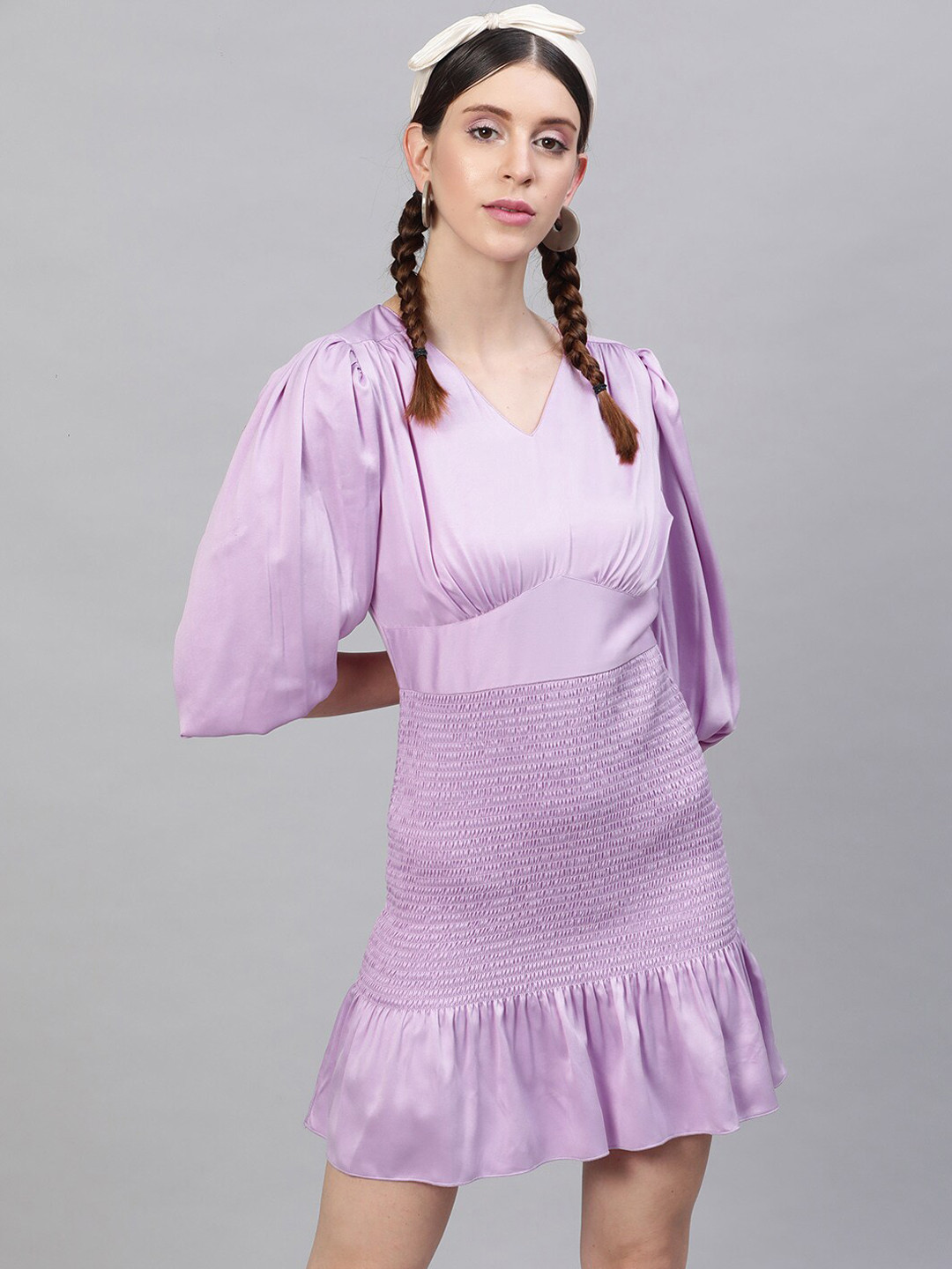 STREET 9 Women Lavender Solid Smocked Drop-Waist Satin Dress