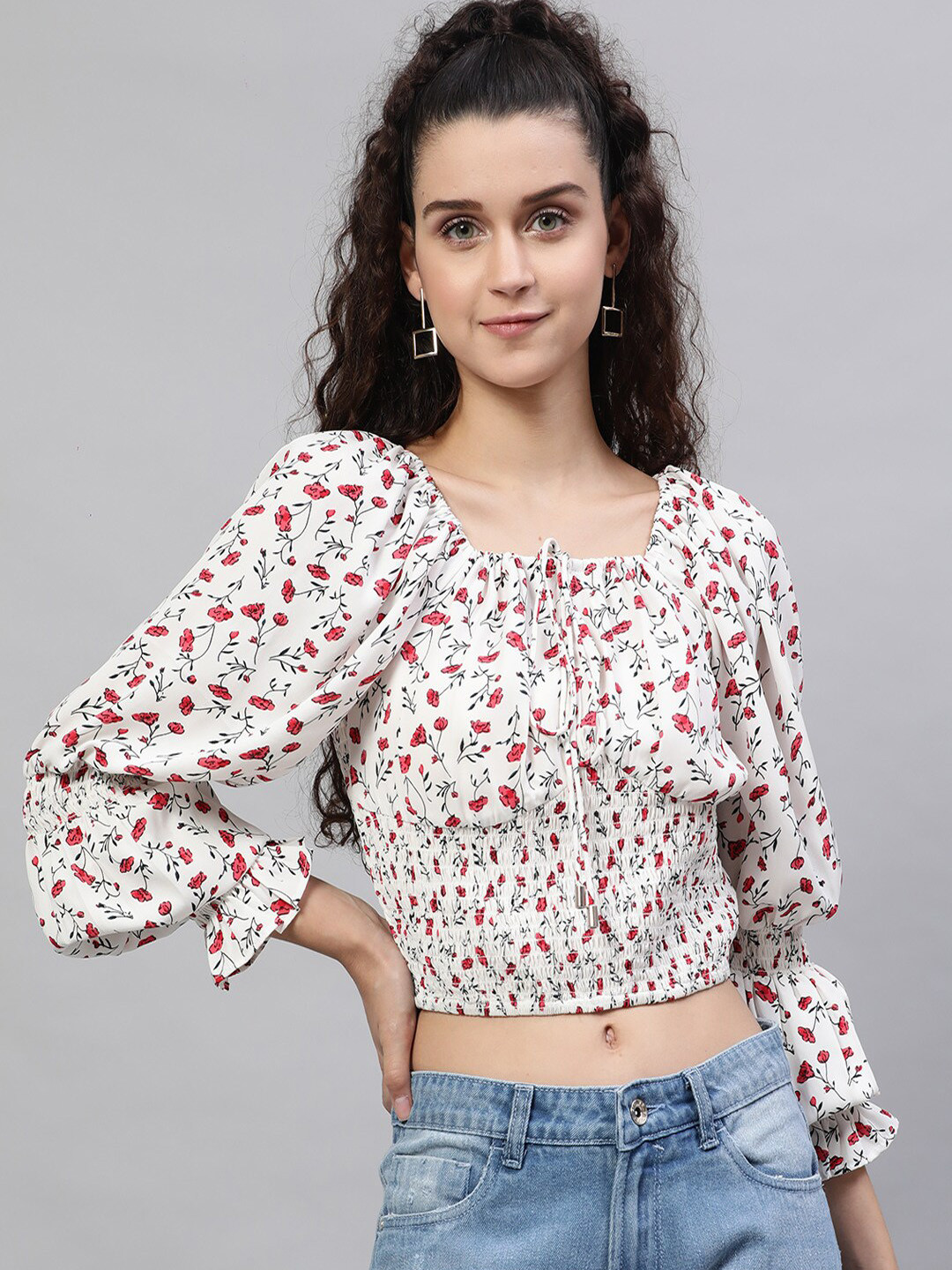 STREET 9 Off White & Red Floral Printed Tie-Up Neck Puff Sleeves Smocked Blouson Crop Top