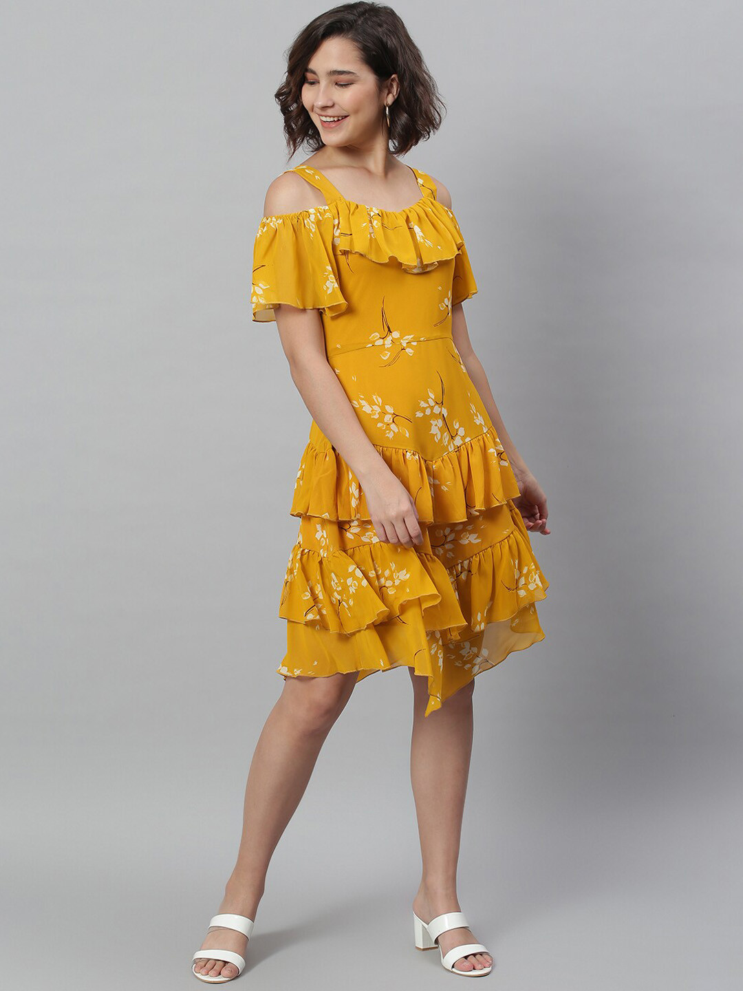 KASSUALLY Mustard Floral Georgette A-Line Dress