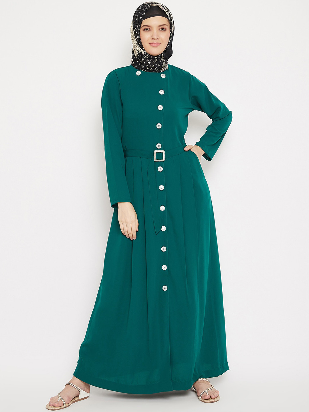MOMIN LIBAS Women Green Solid Front Open Abaya with Belt