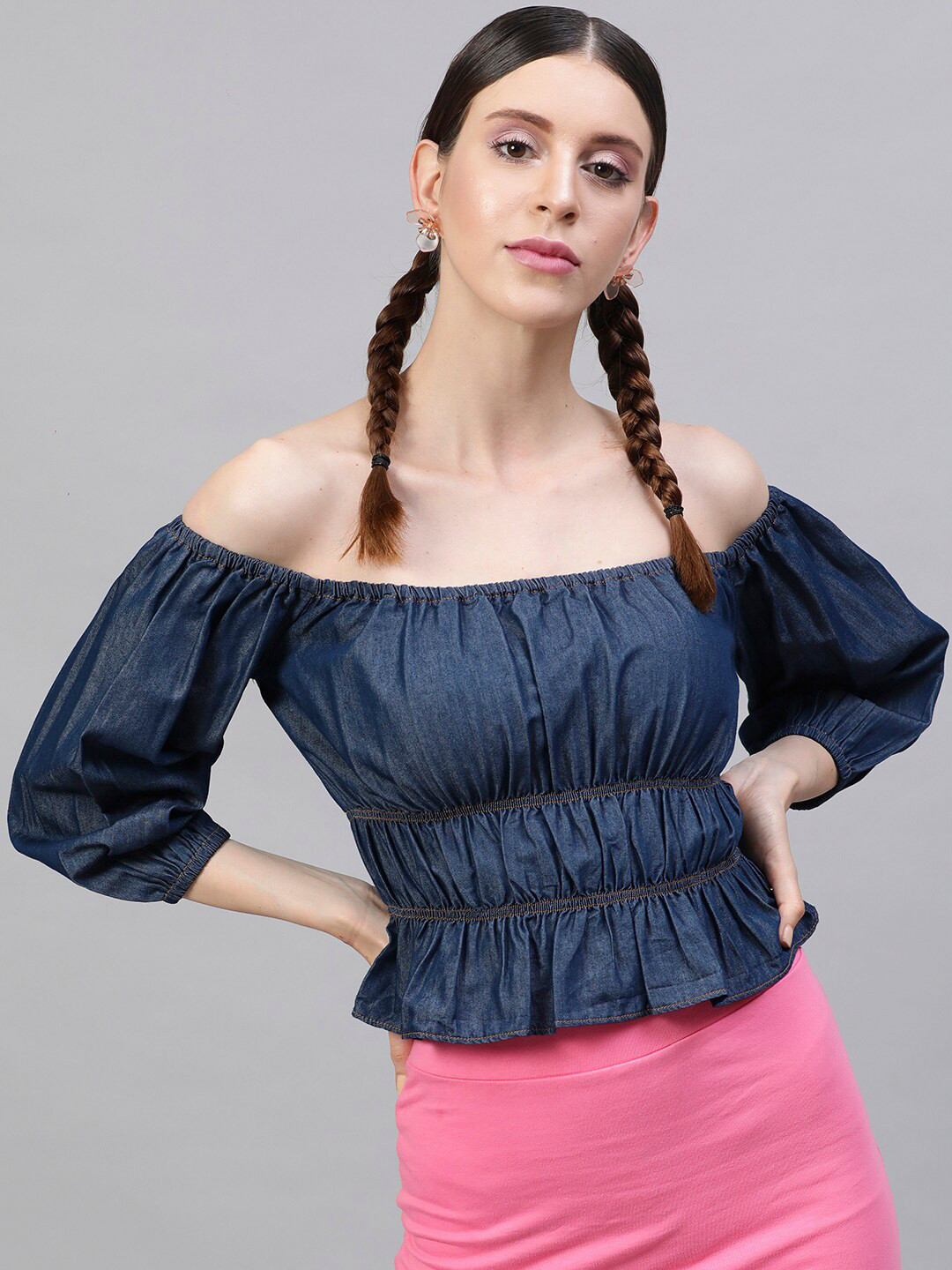 STREET 9 Solid Denim Fitted Top