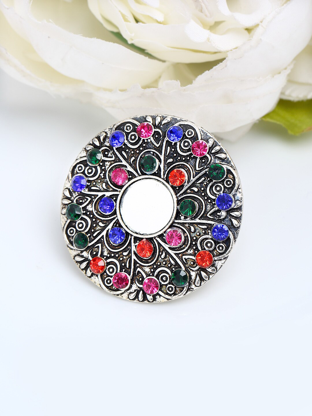 YouBella Silver-Plated Blue & Orange Stone-Studded Afgan Adjustable Finger Ring