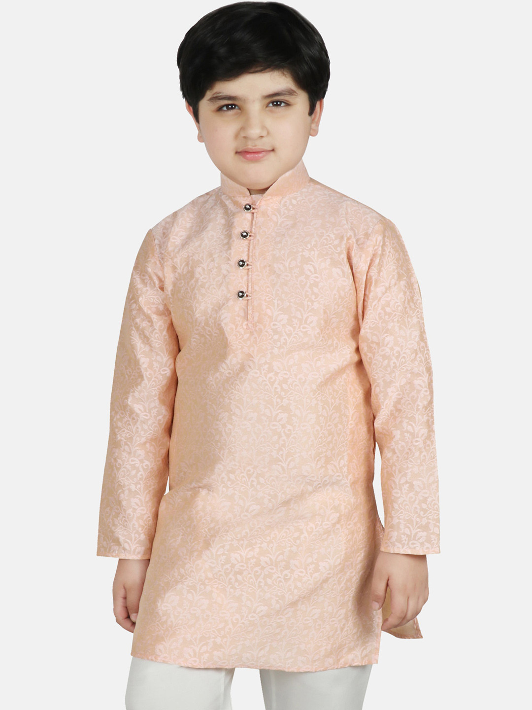 SG YUVRAJ Boys Pink Ethnic Motifs Thread Work Satin Brocade Satin Kurta