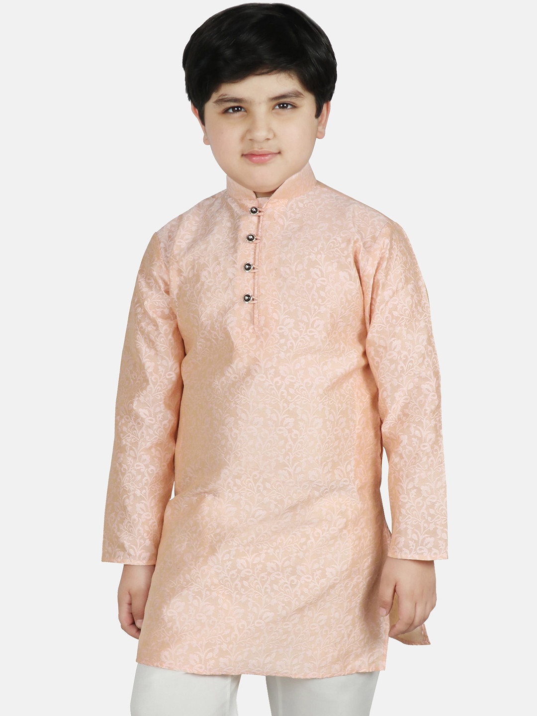SG YUVRAJ Boys Pink Ethnic Motifs Satin Brocade Satin Kurta