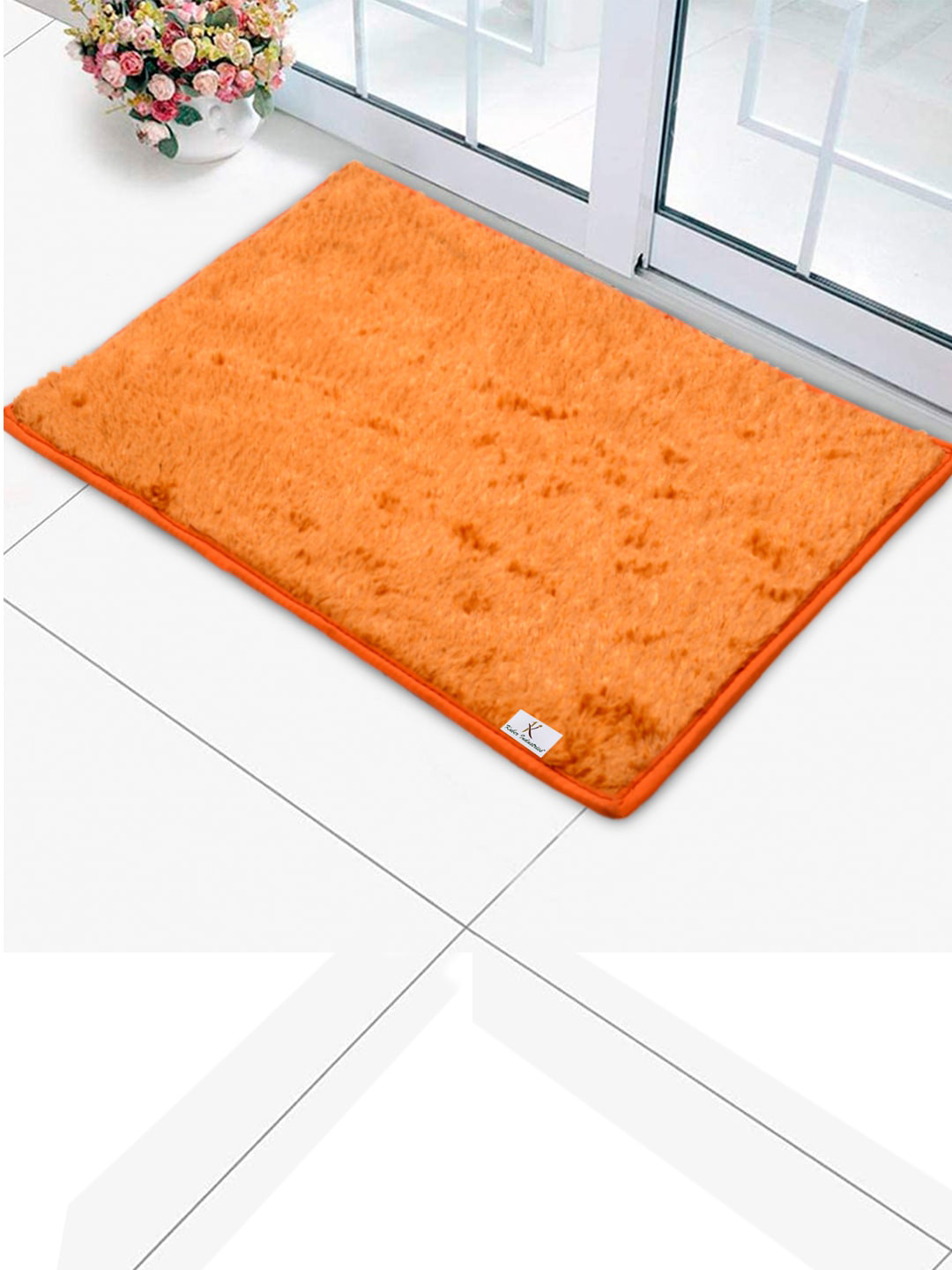 Kuber Industries Set Of 3 Orange Solid Shaggy Microfiber Anti-Skid Rectangular Doormats