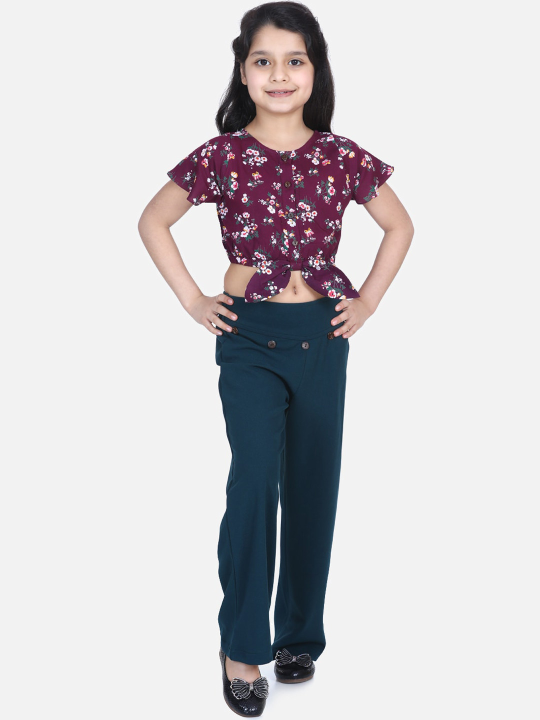 LilPicks Girls Burgundy & Green Printed Top with Trousers