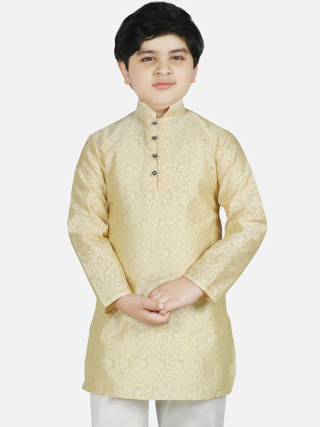 SG YUVRAJ Boys Beige Ethnic Motifs Satin Brocade Satin Kurta