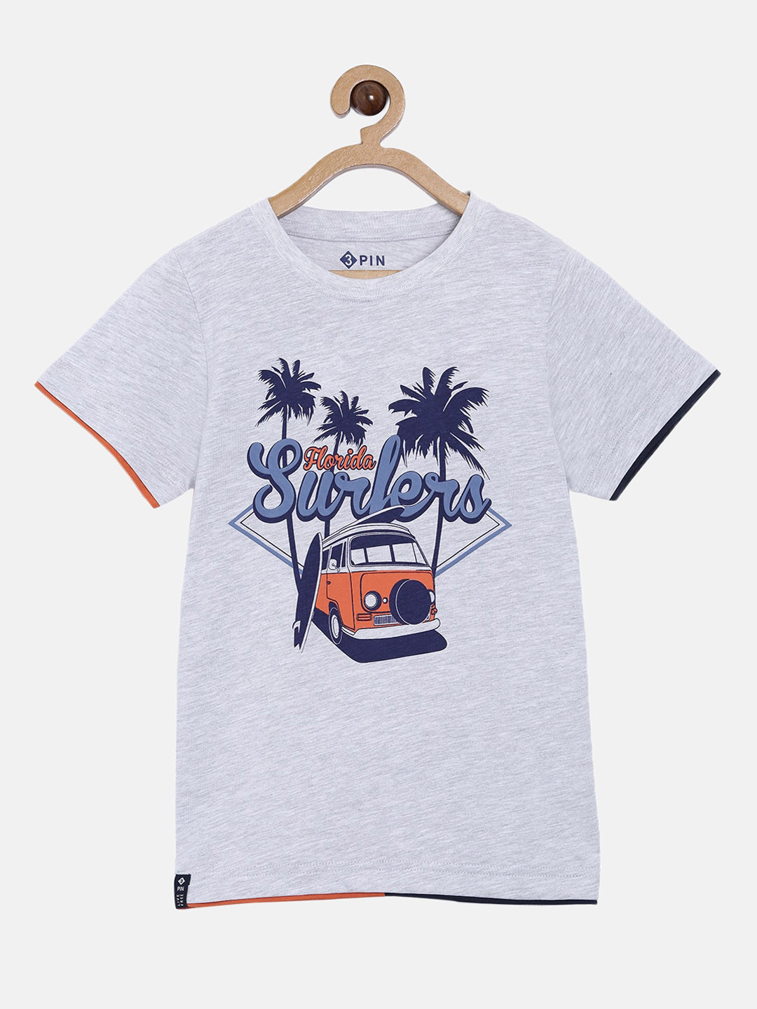 3PIN Boys Grey Melange Printed V-Neck T-shirt