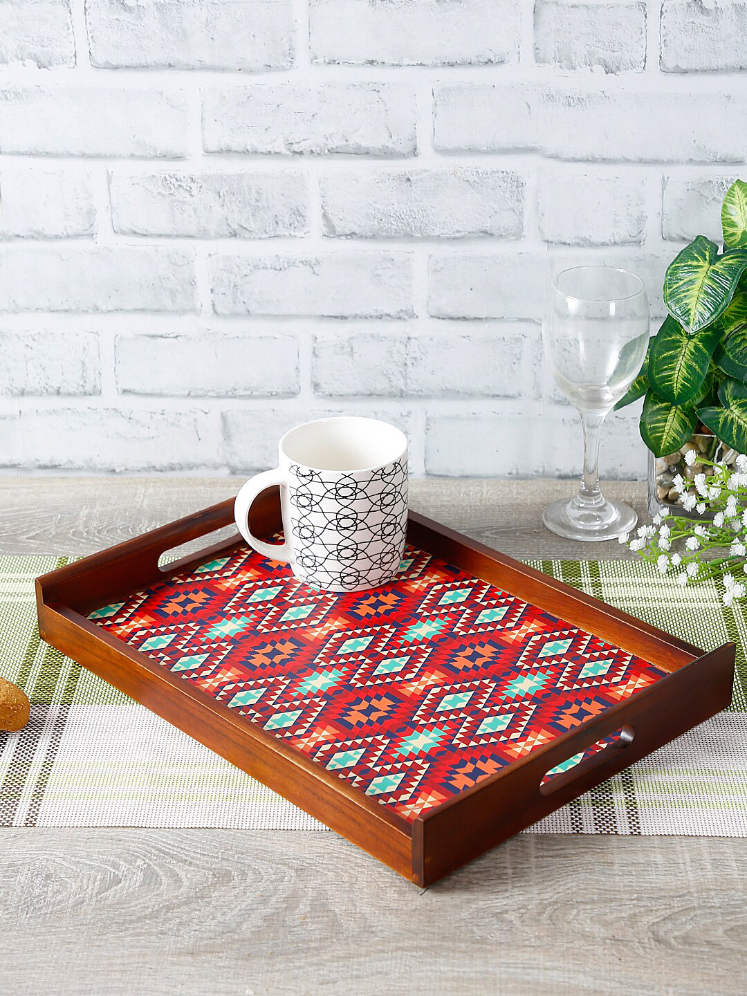 Reinvention Factory Multicoloured Ikkat Digital Printed Thai Teak Wood Serving Tray